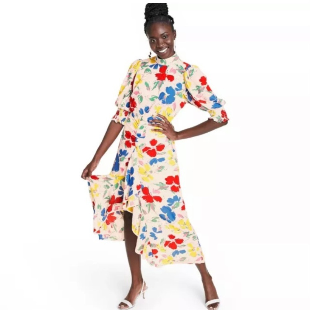 Rixo For Target Dress Size 6 Mock Neck Cascade Ruffle Bright Floral Midi NWT